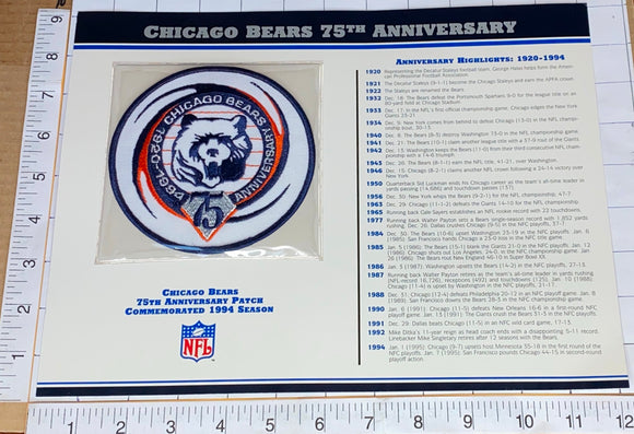 CHICAGO BEARS 75TH ANNIVERSARY NFL FOOTBALL WILLABEE & WARD STAT & PATCH