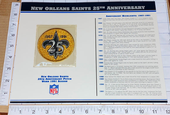 NEW ORLEANS SAINTS 25TH ANNIVERSARY NFL FOOTBALL WILLABEE & WARD STAT & PATCH