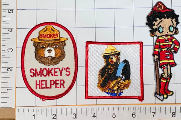 3 VINTAGE SMOKEY THE BEAR FEMALE FIRE FIGHTING BETTY BOOP RANGER PATCH LOT