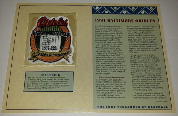 1991 BALTIMORE ORIOLES OFFICIAL MLB WILLABEE & WARD EMBELM MLB MEMORIAL PATCH