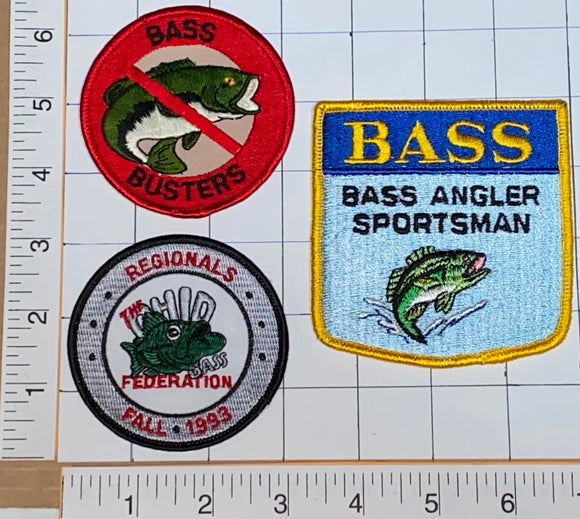 3 BASS ANGLER FISHING FISHERMAN SPORTSMAN LURE HOG BUSTERS REGIONALS PATCH LOT