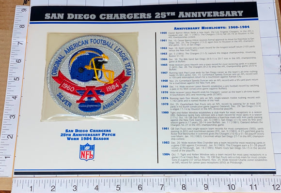 SAN DIEGO CHARGERS 25TH ANNIVERSARY NFL FOOTBALL WILLABEE & WARD STAT & PATCH