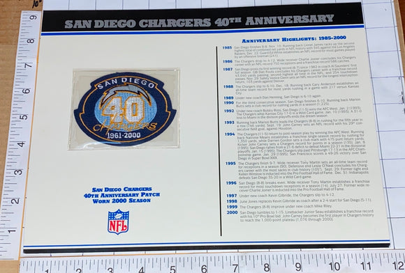 SAN DIEGO CHARGERS 40TH ANNIVERSARY NFL FOOTBALL WILLABEE & WARD STAT & PATCH