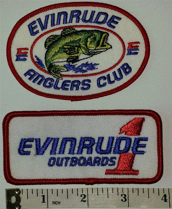 2 EVINRUDE ANGLERS CLUB FISH FISHING OUTBOARDS MOTORSPORTS EMBLEM PATCH LOT