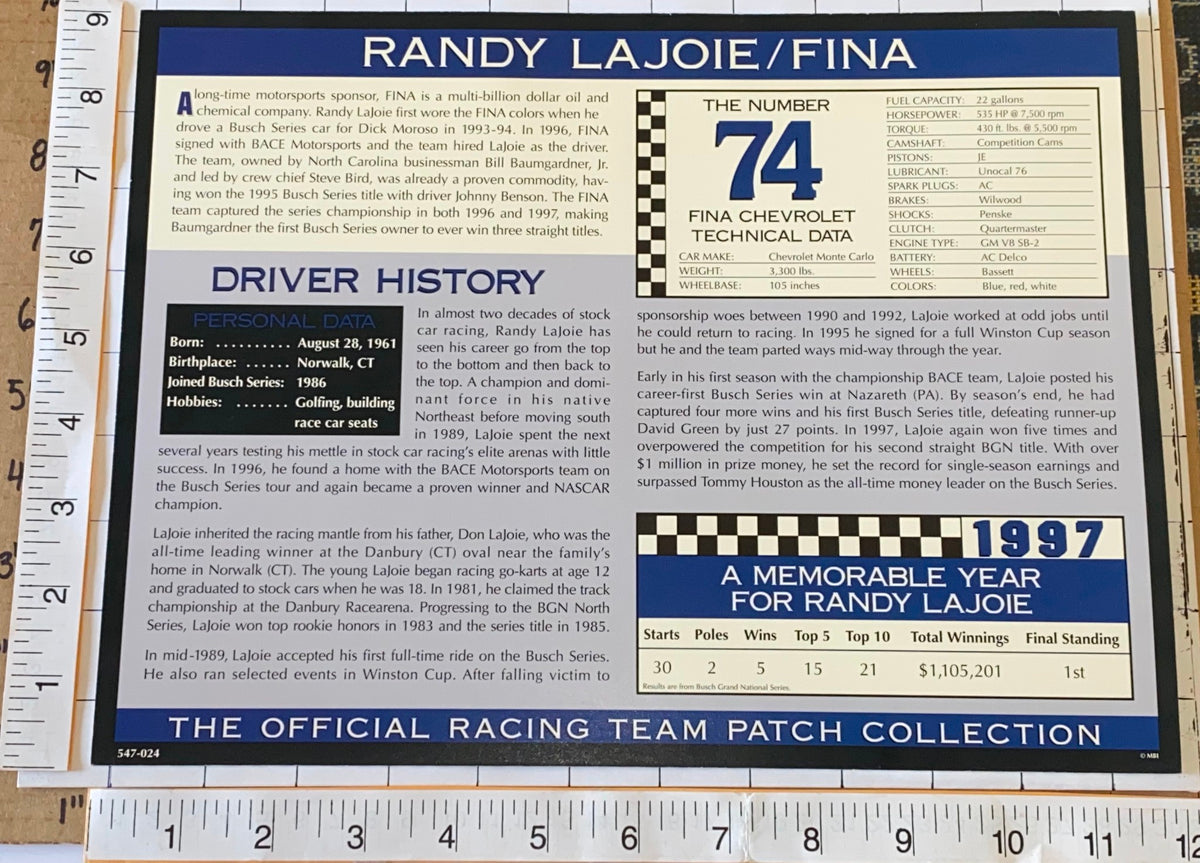 FINA AUTOMOTIVE RACING RANDY LAJOIE WILLABEE & WARD FACT SHEET EMBLEM ...