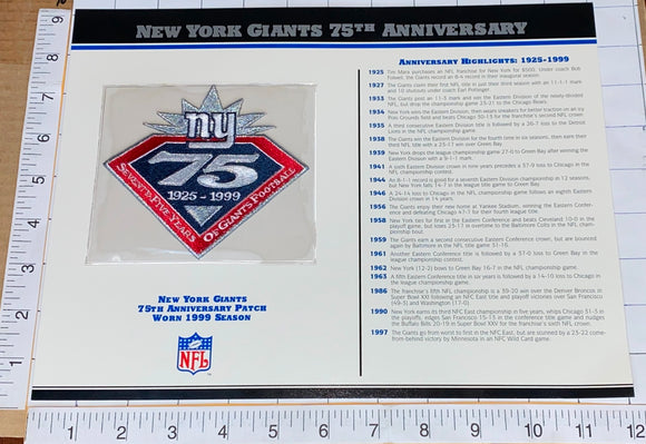 NEW YORK GIANTS 75TH ANNIVERSARY NFL FOOTBALL WILLABEE & WARD STAT & PATCH