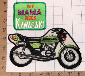 2 VINTAGE KAWASAKI MY MAMA RIDESA A MOTORCYCLE OFF ROAD CREST EMBLEM PATCH LOT