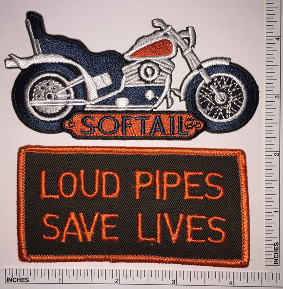 2 SOFTAIL HARLEY DAVIDSON LOUD PIPES SAVES LIVES CREST PATCH LOT
