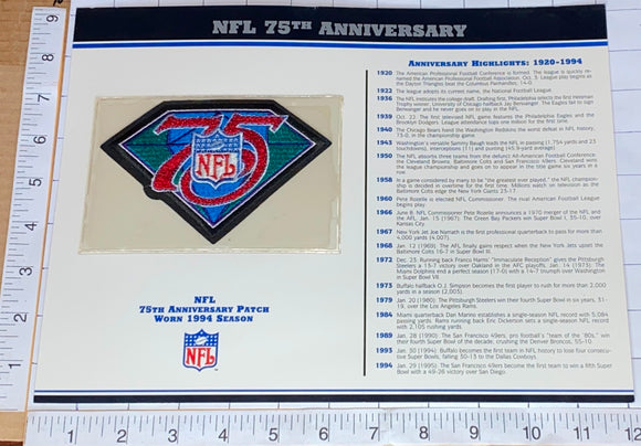 NFL 75TH ANNIVERSARY NATIONAL FOOTBALL LEAGUE WILLABEE & WARD STAT & PATCH