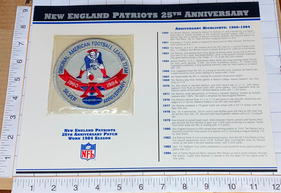 NEW ENGLAND PATRIOTS 25TH ANNIVERSARY NFL FOOTBALL WILLABEE & WARD STAT & PATCH