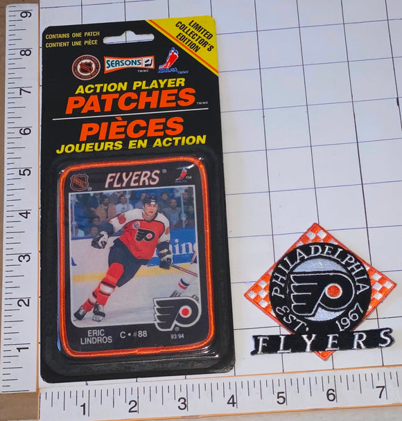 2 RARE ERIC LINDROS PHILADELPHIA FLYERS NHL HOCKEY ACTION PLAYER PATCH LOT