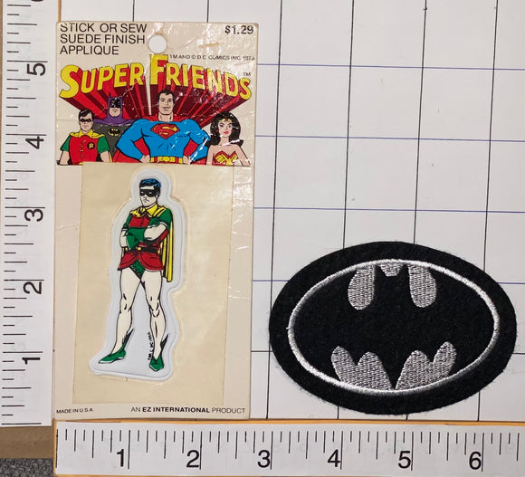 1973 rare VINTAGE ROBIN MIP PUFFY STICKER & BATMAN DC COMICS SUPERHERO PATCH LOT