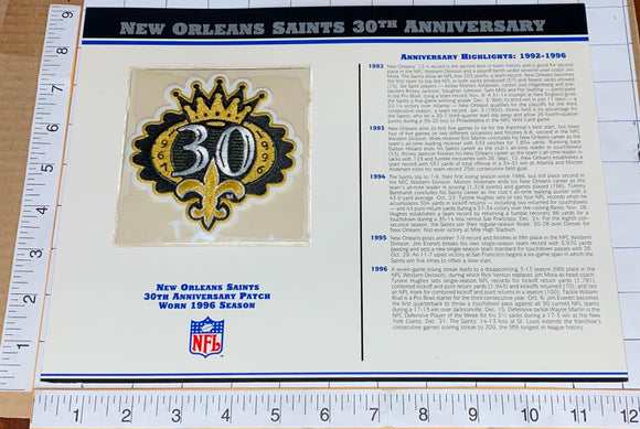 NEW ORLEANS SAINTS 30TH ANNIVERSARY NFL FOOTBALL WILLABEE & WARD STAT & PATCH