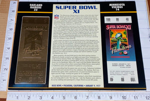 SUPER BOWL 11 WILLABEE & WARD 22KT GOLD NFL TICKET RAIDERS vs VIKINGS SB XI