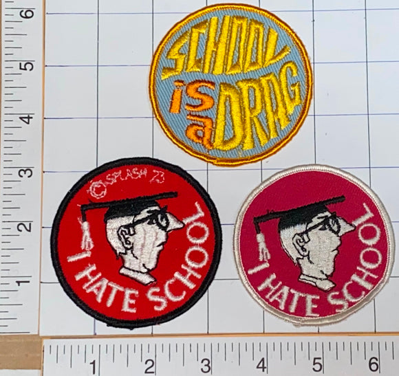 3 RARE VINTAGE SCHOOL IS A DRAG I HATE SCHOOL FUNNY HUMOROUS PATCH LOT