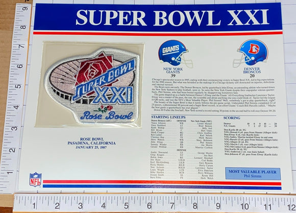 SUPER BOWL 21 GIANTS vs BRONCOS 1987 WILLABEE & WARD STAT PATCH