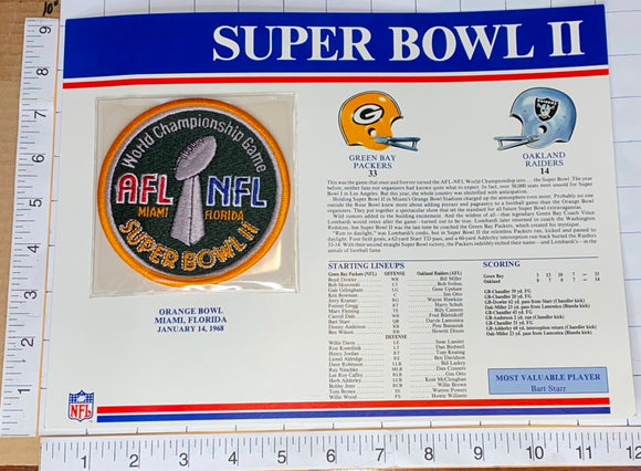 SUPER BOWL 2 PACKERS / RAIDERS 1968 Willabee & Ward OFFICIAL NFL STAT & PATCH