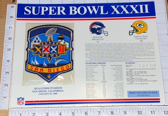 SUPER BOWL 32 BRONCOS vs PACKERS 1998 WILLABEE & WARD STAT PATCH