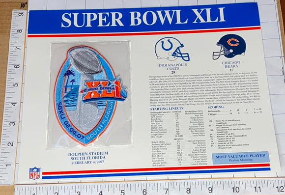 SUPER BOWL 41 COLTS vs BEARS 2007 WILLABEE & WARD STAT PATCH