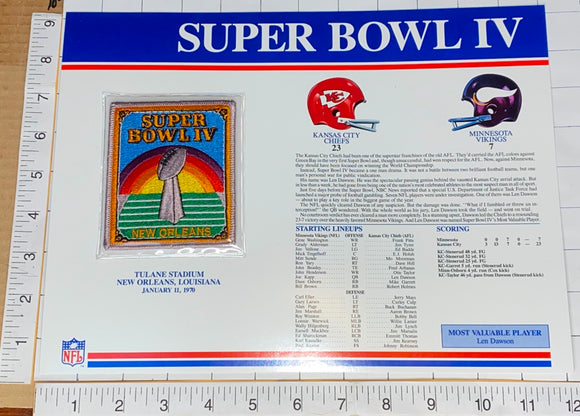 SUPER BOWL 4 CHIEFS/VIKINGS 1970 Willabee & Ward OFFICIAL NFL STAT & PATCH