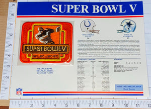 SUPER BOWL 5 COLTS/COWBOYS 1971 Willabee & Ward OFFICIAL NFL STAT & PATCH