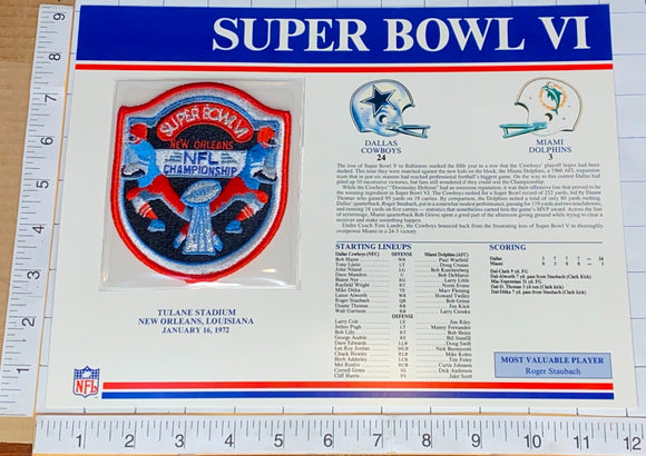 SUPER BOWL 6 COWBOYS/DOLPHINS 1972 Willabee & Ward OFFICIAL NFL STAT & PATCH
