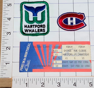 1986 NHL HOCKEY TICKET HARTFORD WHALERS vs MONTREAL CANADIENS + PATCH LOT