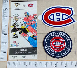 2010 PITTSBURGH PENGUINS vs MONTREAL CANADIENS NHL HOCKEY DECAL PATCH & TICKET