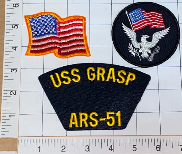 3 USS GRASP ARS-24 DRIVER-CLASS RESCUE AND SALVAGE SHIP US NAVY CREST PATCH LOT