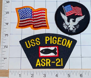 3 RARE USS PIGEON ASR-21 SUBMARINE RESUE SHIP US NAVY EMBLEM CREST PATCH LOT
